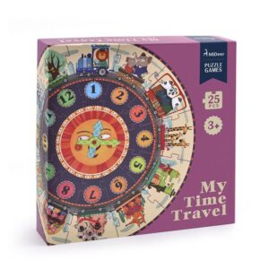 Image of a My Time Travel Puzzle - Children assembling a puzzle with clock hands, numbers, and animal illustrations, promoting learning and skill development.