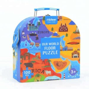 Gift Box Puzzle - Our World An image of a child happily assembling the puzzle, surrounded by vibrant images of the world's wonders.