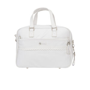 Image of a stylish and practical diaper bag made of eco-friendly materials. The bag is white and has a rhombus pattern. It has a large capacity and is perfect for storing all of a baby's essentials.