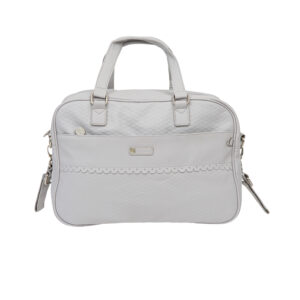 Image of a stylish and practical diaper bag made of eco-friendly materials. The bag is gray and has a rhombus pattern. It has a large capacity and is perfect for storing all of a baby's essentials.
