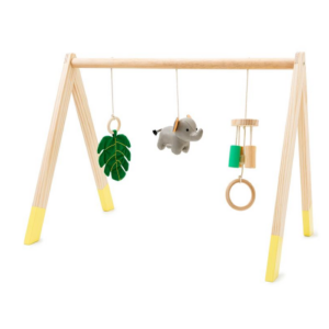 Image of a Activity Arch - Jungle wooden activity gym with jungle and farm-themed hanging toys for sensory development and imaginative play in your nursery.