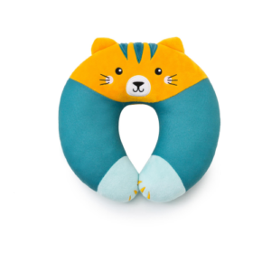 Headrest Cushion Cat - Comfortable Travel Neck Pillow for Kids, Reversible Design, Soft Velvet and Cotton Sides, 100% Polyester, Dimensions: 24x25x7cm.