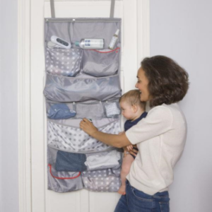 Iamge of A foldable Roll n Go Baby Organizer with multiple pockets and door hooks. Perfect for travel and keeping baby's essentials organized.