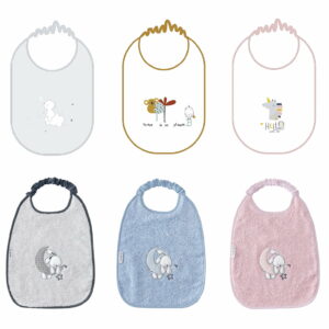 Image of a Discover our BIB Embroidered Set of 6 stylish, unisex baby bibs in soft cotton with charming embroidery. Make mealtime a breeze!