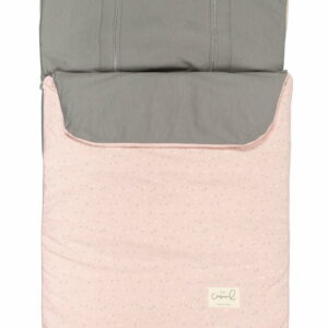 Image of a Stroller Blanket Multi-seasonal - Salmon pink and gray footmuff with Planet Rosa hood. Perfect for year-round comfort.