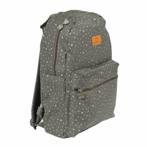 Image of a Spacious and Practical Printed Star backpack - gray with changing mat. Made of waterproof cotton. Perfect for parents on the go.