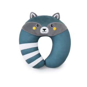Headrest Cushion Racoon - Comfortable Travel Neck Pillow for Kids, Reversible Design, Soft Velvet and Cotton Sides, 100% Polyester, Dimensions: 24x25x7cm.