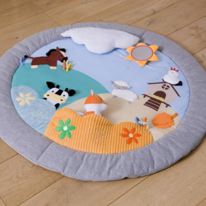 Image of a Activity Playmat - Farm A spacious and ultra-comfortable farm-themed playmat for sensory exploration and fine motor skill development, featuring a sun-shaped mirror.