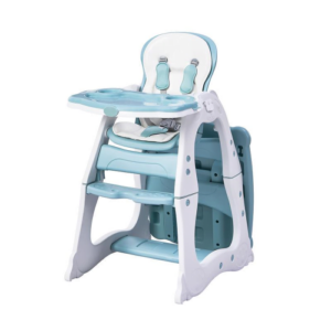 Image of a Baby High Chair - Blue is perfect for your growing child. It's versatile, safe, and comfortable, with a 3-position reclining seat, and detachable tray.